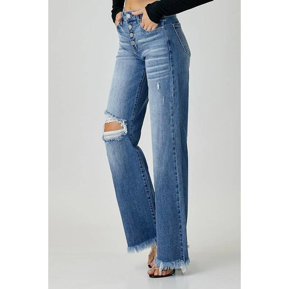 Risen Mid-Rise Button Down Wide Leg Jeans